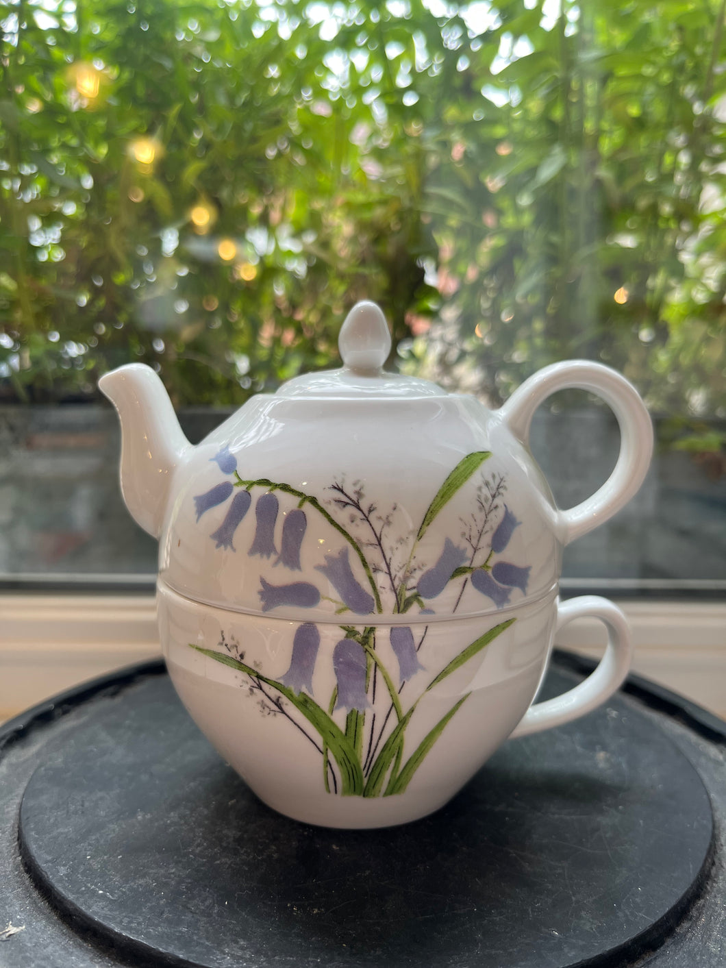 Theepot en kopje met boshyacint