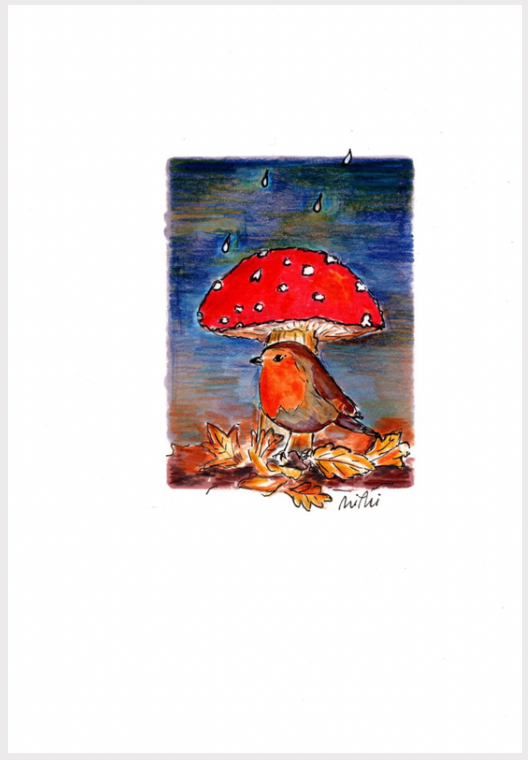 Dubbele kaart & omslag - roodborstje en paddenstoel