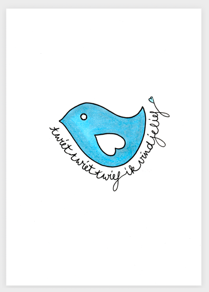 Kaartje & omslag - blauwe vogel/ik vind je lief